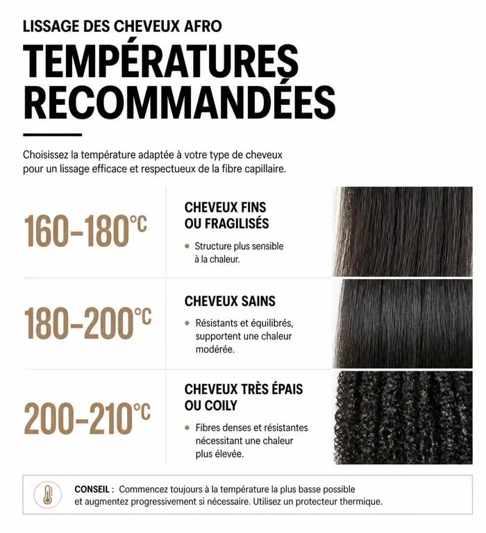 Tableau des températures recommandées pour l'utilisation d'un lisseur cheveux afro selon la nature du cheveu