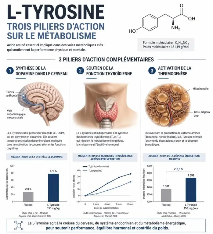 Schéma des mécanismes d'action de la L-Tyrosine et perte de poids sur le métabolisme et la thyroïde