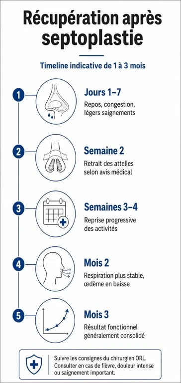 Infographie des étapes de récupération et du nez bouché après septoplastie
