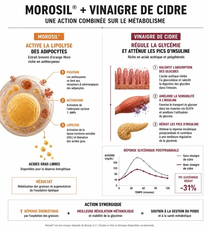 Infographie explicative du mécanisme d'action du Morosil et du vinaigre de cidre pour la perte de poids