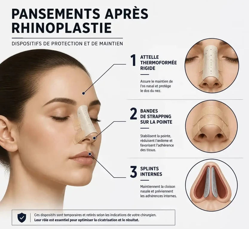 Schéma des différents types de pansements après une rhinoplastie : attelle, strapping et splints internes.