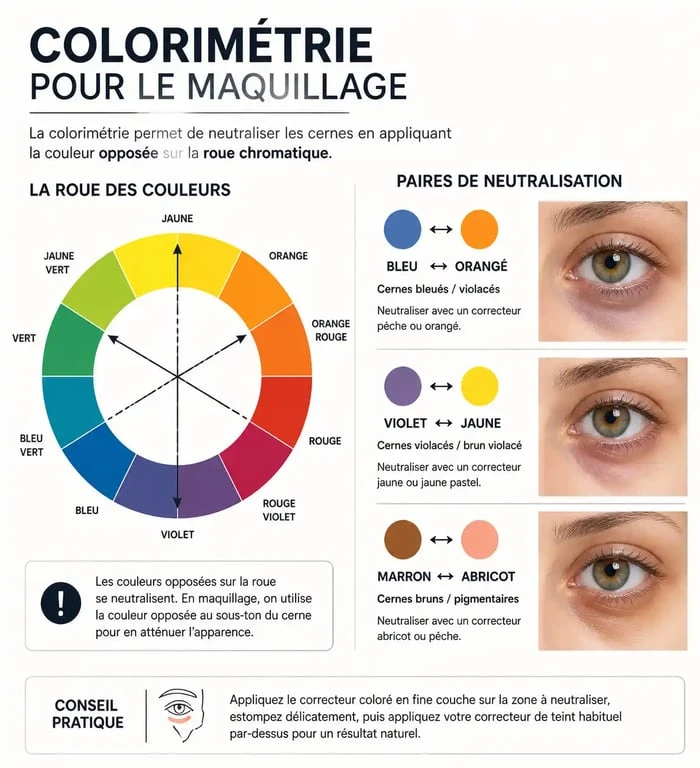 Infographie explicative sur comment choisir son anti cernes selon la couleur des cernes