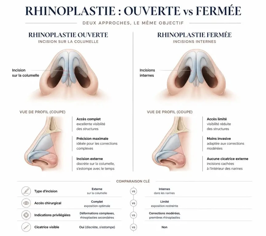 Schéma comparatif des techniques de rhinoplastie ouverte et fermée pour comprendre l'intervention chirurgicale.
