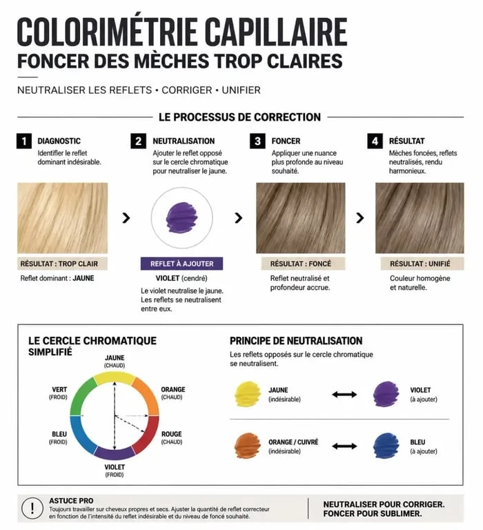 Infographie sur les techniques pour foncer des mèches trop claires et corriger un balayage
