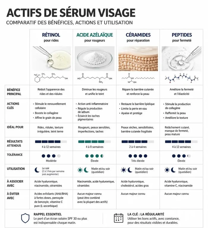Infographie comparative des actifs de sérums visage pour savoir quel sérum choisir selon sa peau