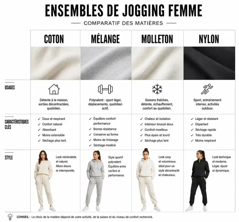 Infographie comparative des matières pour ensemble de jogging pour femme : coton, molleton et matières techniques