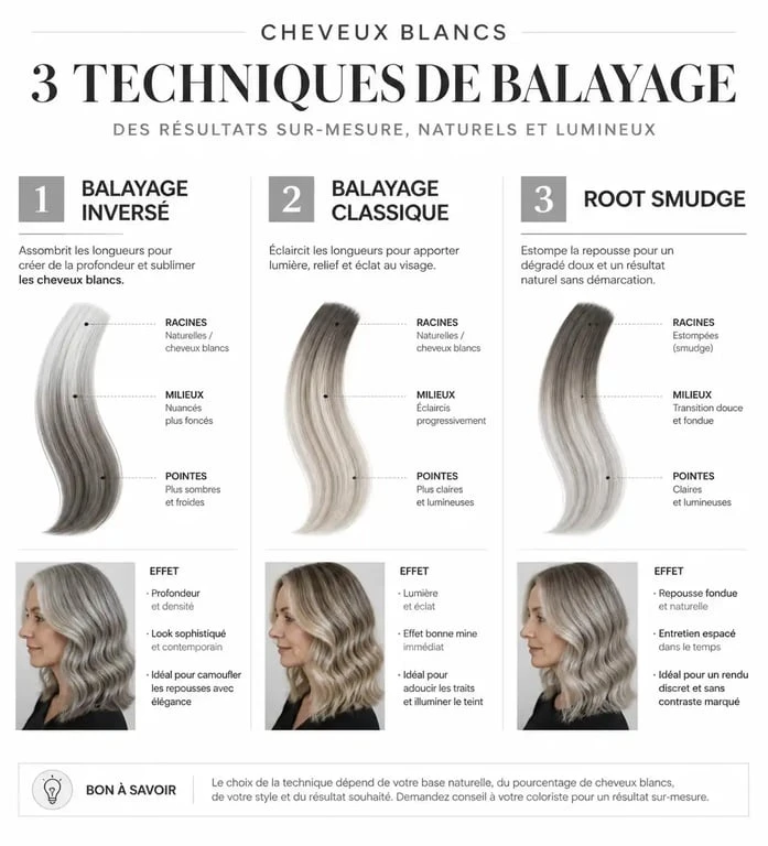 Comparatif des techniques de balayage pour cheveux blancs : inversé, classique et root smudge pour une transition élégante.