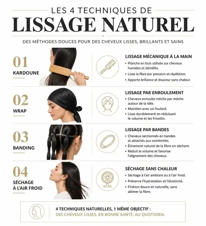 Infographie des méthodes pour lisser ses cheveux sans lisseur naturellement
