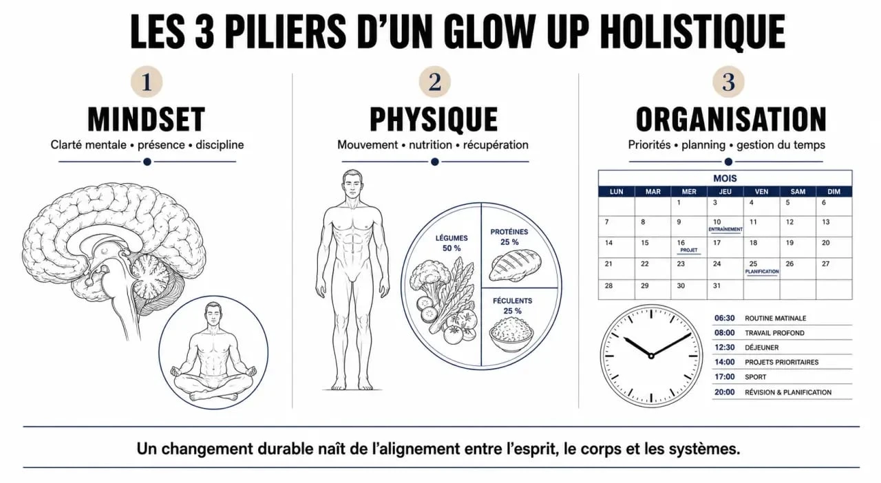 Infographie des trois piliers du glow up holistique pour réussir sa transformation personnelle avec un livre glow up