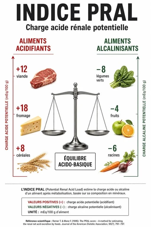 Infographie explicative sur l'indice PRAL et l'équilibre entre aliments acides et alcalins pour la santé
