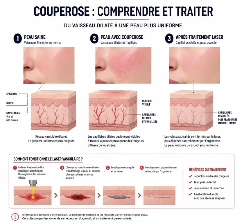 Schéma explicatif du traitement de la couperose et de la disparition des rougeurs par laser vasculaire