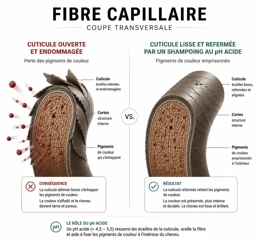 Schéma explicatif de l'action d'un shampoing pour cheveux colorés sur la cuticule capillaire
