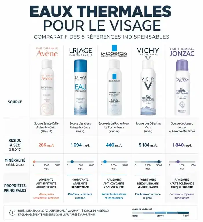 Infographie comparative de la meilleure eau thermale pour le visage selon la minéralité et le type de peau