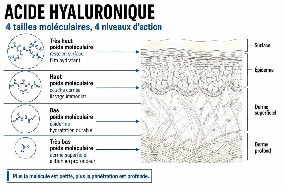 Schéma explicatif des 4 types d'acide hyaluronique Hada Labo Tokyo pour une hydratation profonde de la peau