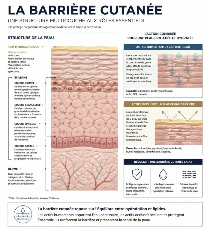 Schéma explicatif de la barrière cutanée et des mécanismes pour bien hydrater sa peau