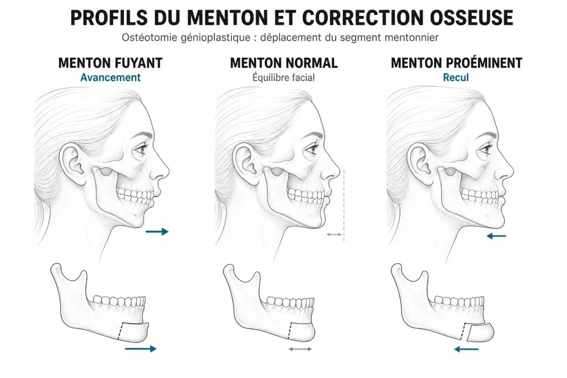 Schéma explicatif des différentes techniques de génioplastie pour corriger le menton