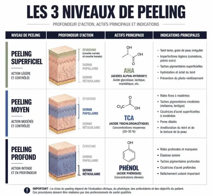 Infographie comparative des types de peeling : superficiel, moyen et profond