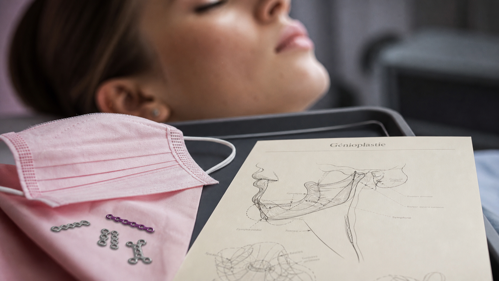 Génioplastie genioplasty : schéma médical, implants en titane et ostéotomie du menton