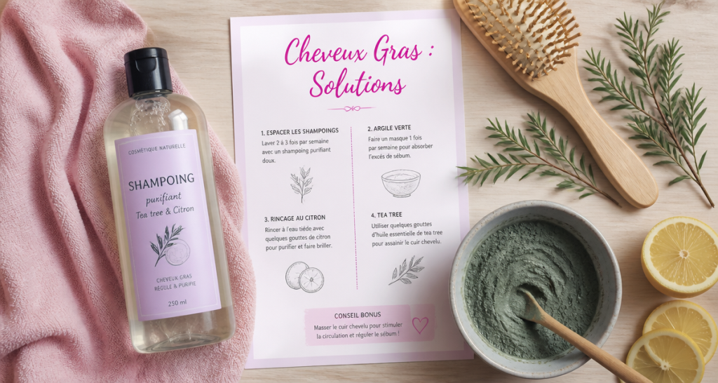 meilleur shampoing pour cheveux gras flat lay accessoires naturels