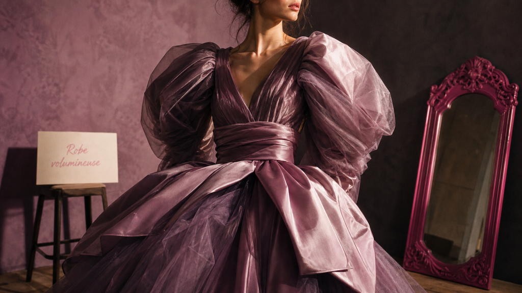 Robe volumineuse en taffetas et tulle, silhouette sublimée sans alourdir