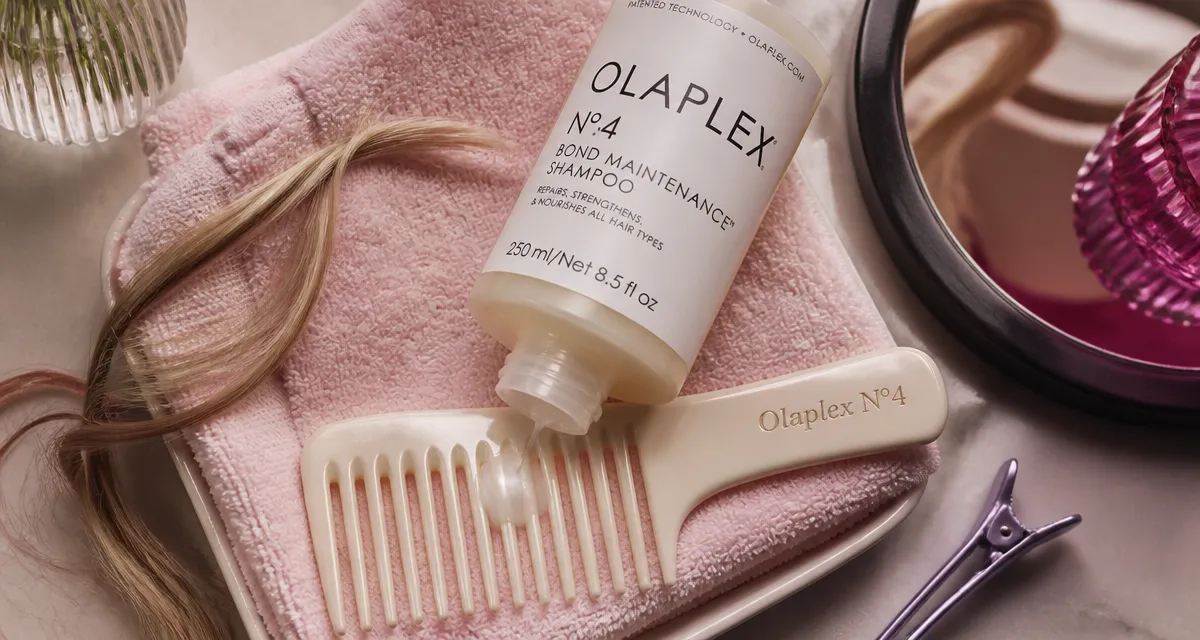 shampoing olaplex avis flacon ouvert sur peigne et serviette rose