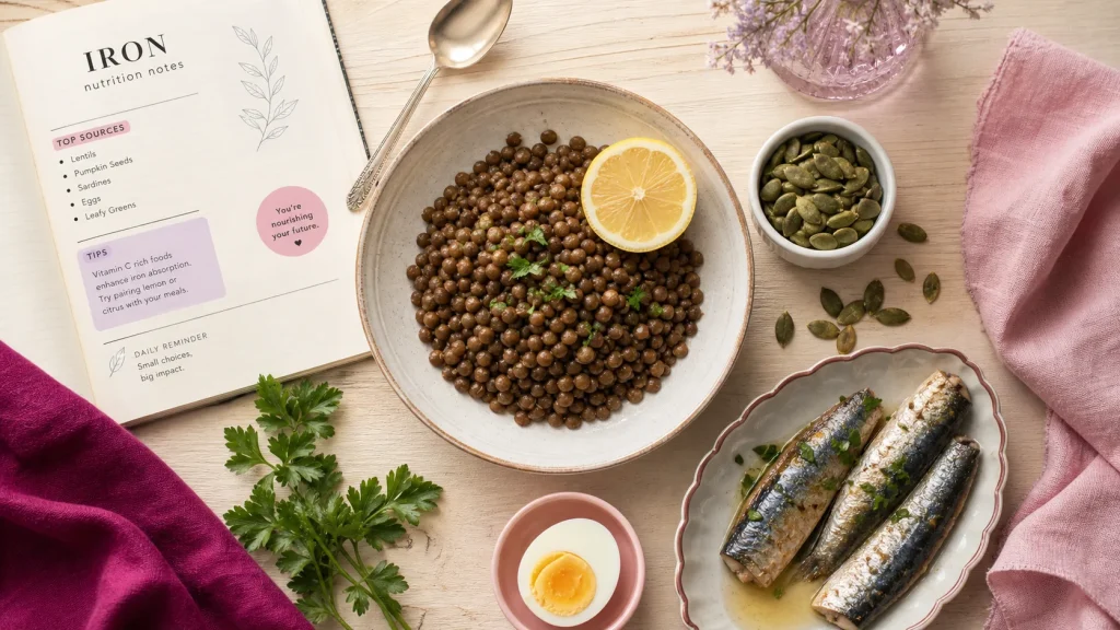 Aliments avec beaucoup de fer : lentilles, sardines et graines de courge