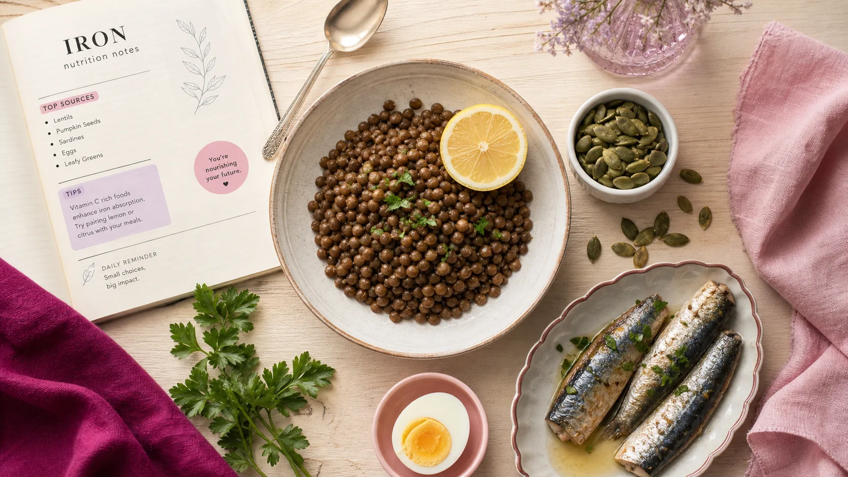 Aliments avec beaucoup de fer : lentilles, sardines et graines de courge