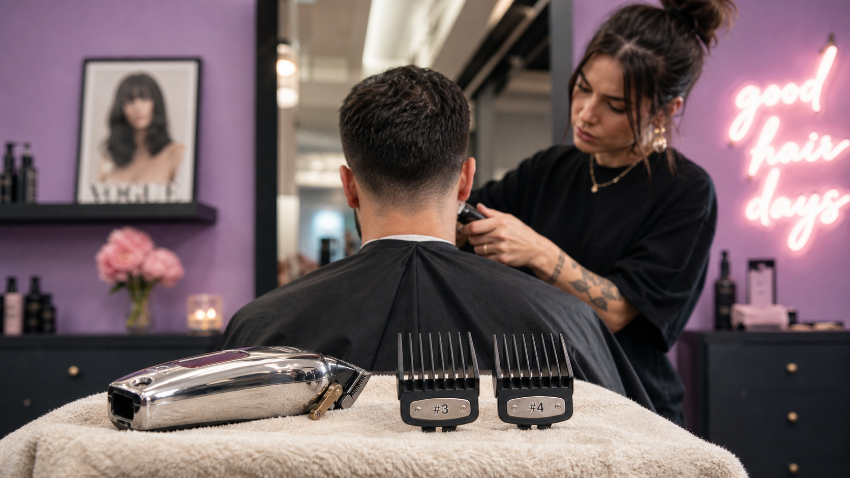 Buzz cut long : sabots #3 et #4 sur tondeuse en salon de coiffure