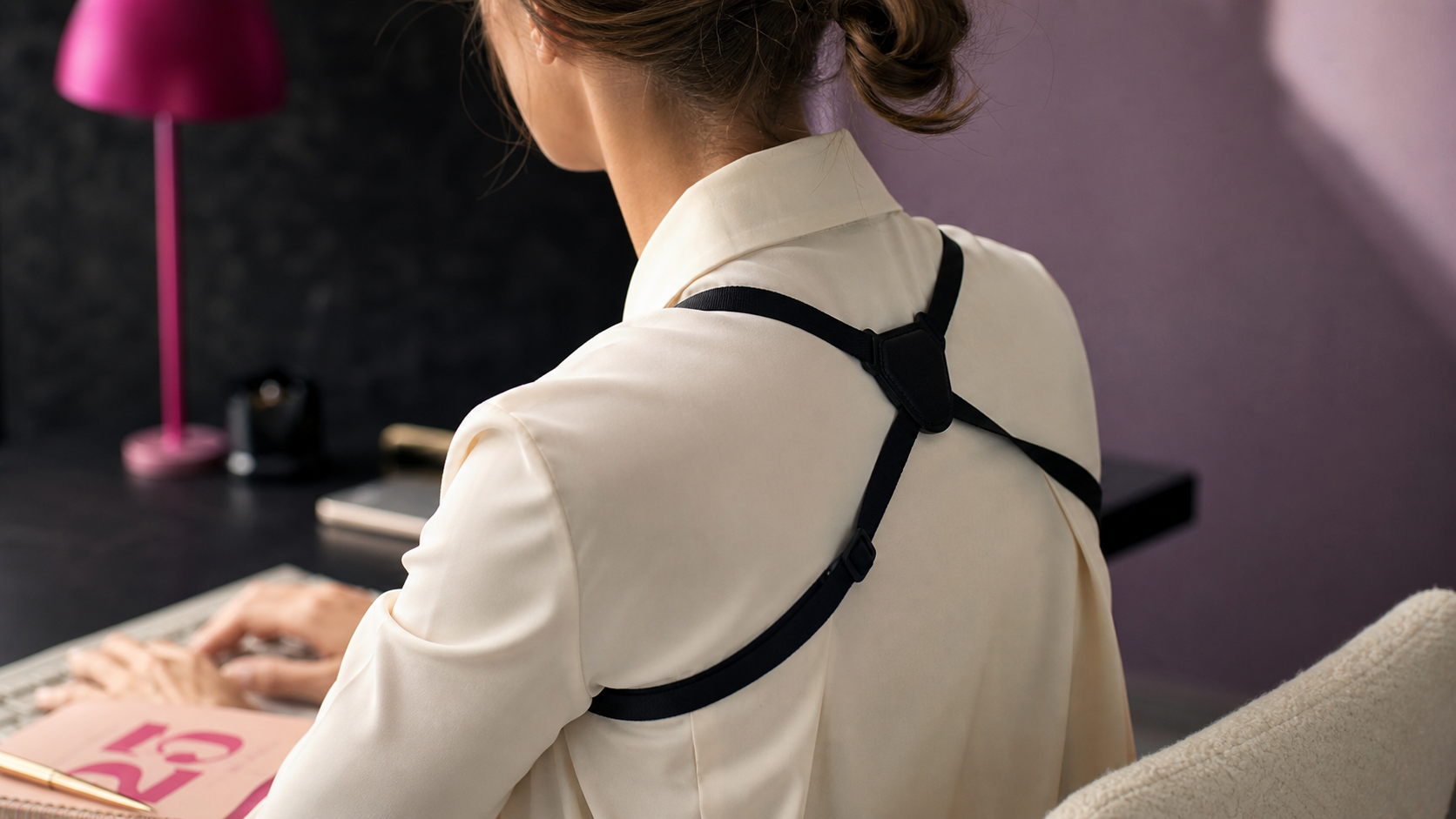 Correcteur de posture : avis kiné. Personne au bureau avec correcteur à sangles.