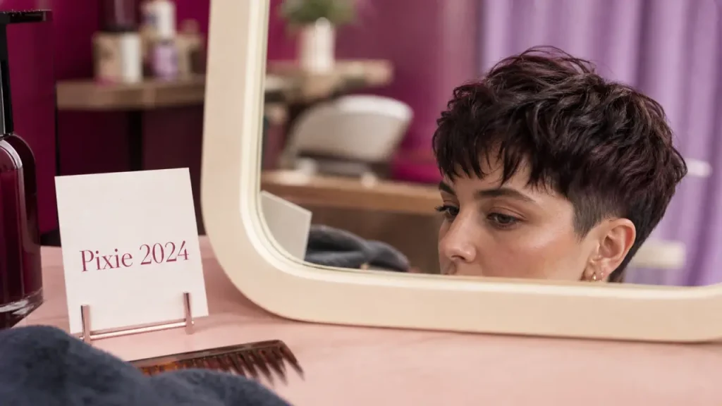 Coupe pixie 2024 frange longue texturée en salon coiffure