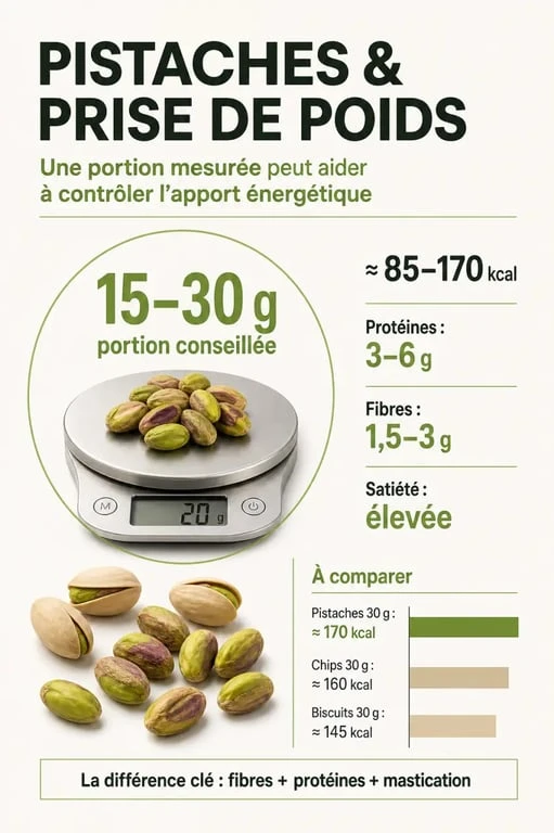 Les pistaches font elles grossir : infographie nutritionnelle avec portions, calories et satiété
