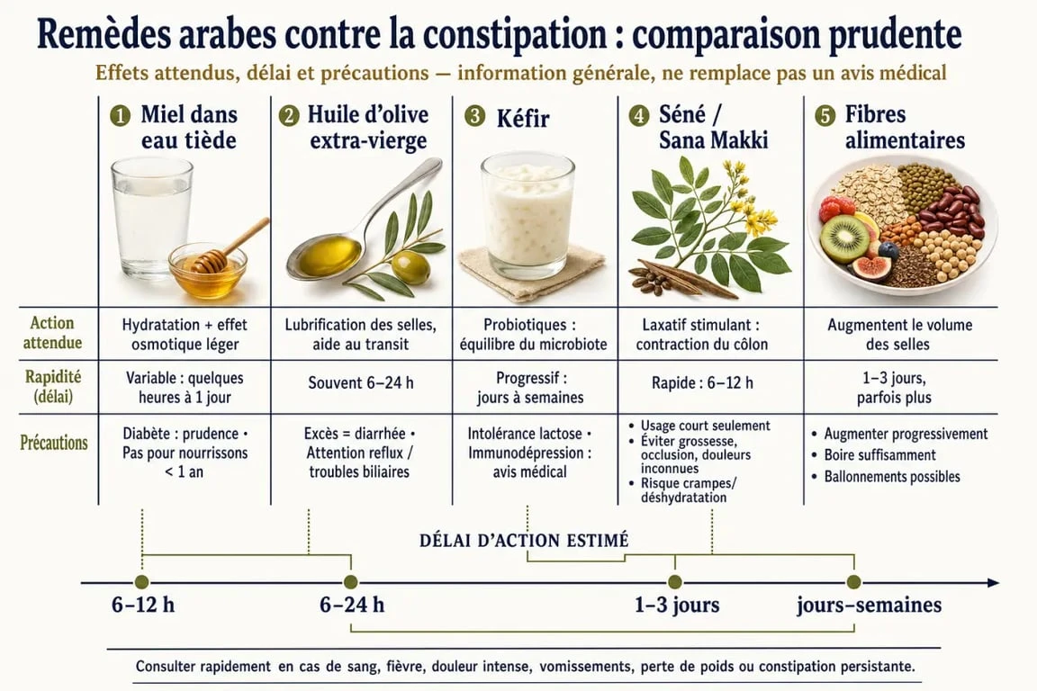 Remède arabe pour la constipation : infographie comparative des solutions naturelles et de leurs précautions