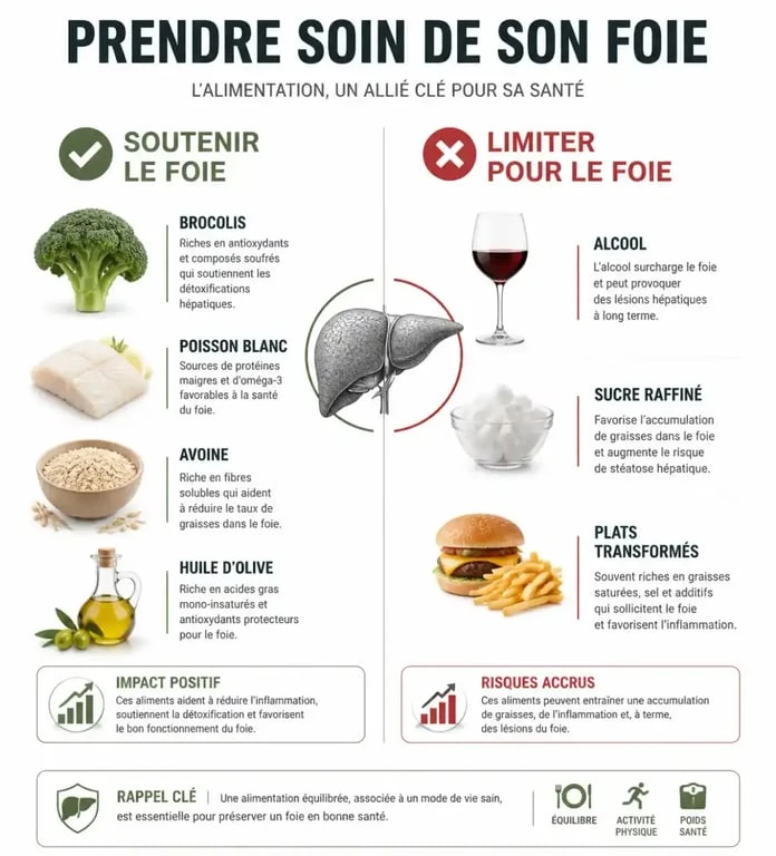 Infographie sur l'alimentation et la santé du foie : aliments à privilégier et à éviter pour gérer un kyste au foie