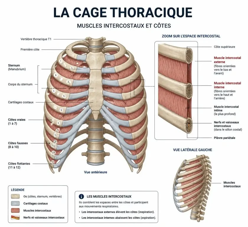 Schéma anatomique de la cage thoracique expliquant la toux et le mal aux côtes