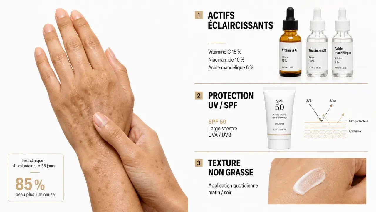 Infographie sur la meilleure crème mains anti-taches avec actifs, SPF et preuve clinique