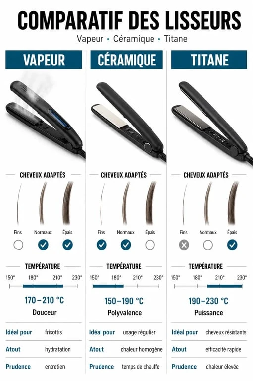 Infographie comparative des types de lisseurs : vapeur, céramique et titane pour choisir le meilleur lisseur selon son type de cheveux.