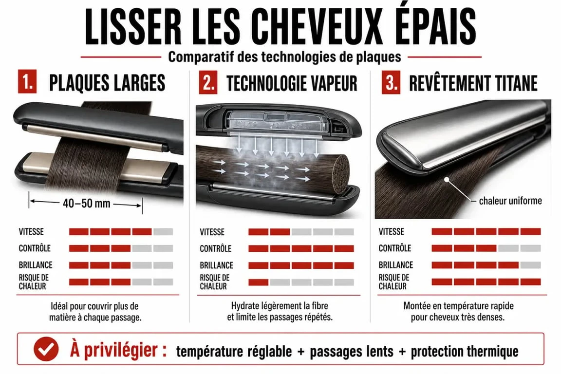 Comparatif des meilleures technologies de lisseur pour cheveux épais : plaques larges, vapeur et titane