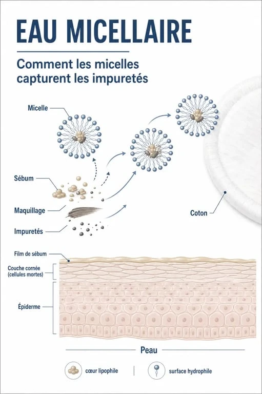 Schéma explicatif de l'eau micellaire c'est quoi et comment les micelles nettoient la peau