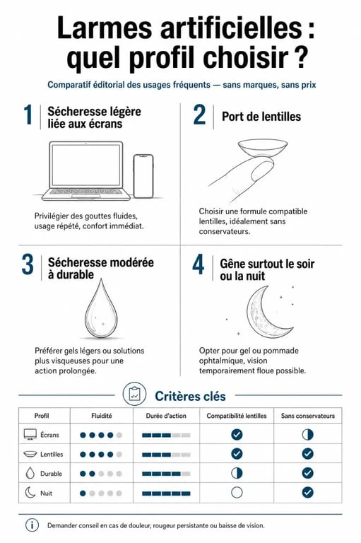 Larmes artificielles les plus efficaces : infographie comparative selon la sécheresse oculaire, les lentilles et la durée d’action