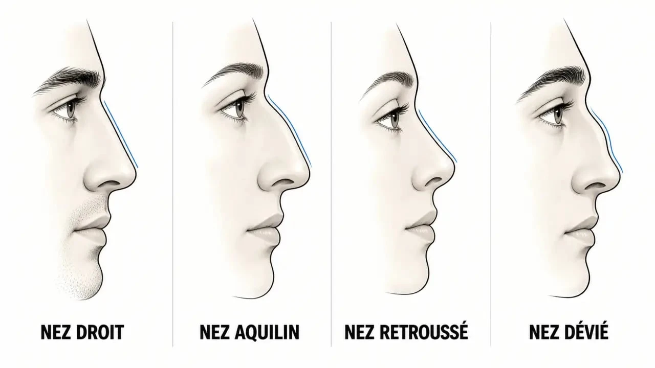 Comparaison visuelle du nez droit avec un nez aquilin, un nez retroussé et un nez dévié