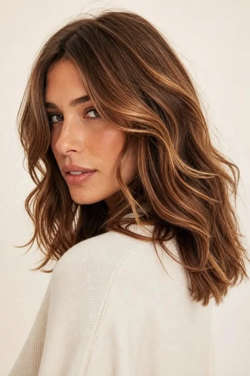 Couleur de cheveux noisette caramel sur cheveux longs, portrait lumineux et naturel