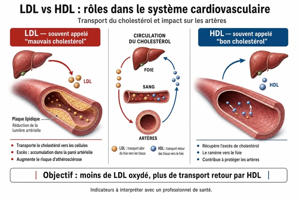 Infographie explicative sur le bilan lipidique et la différence entre cholestérol LDL et HDL
