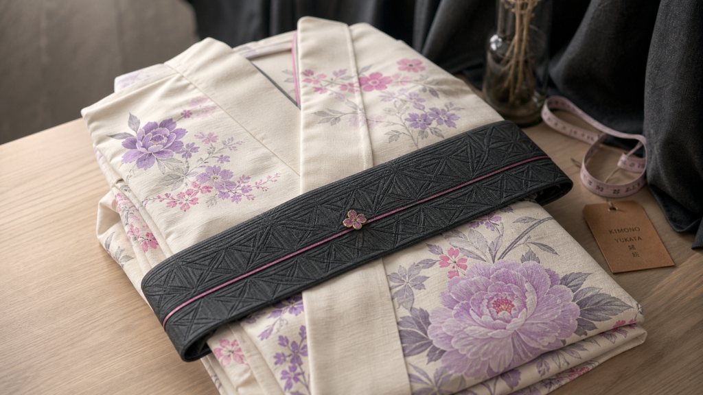 Kimono japonais ivoire fleuri lilas, obi anthracite