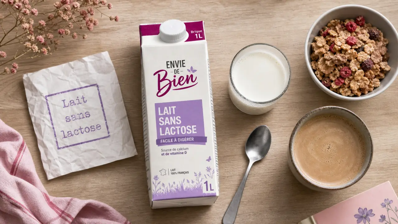 Lait sans lactose danger : brique, verre, étiquette