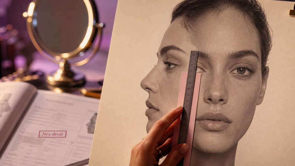 Nez droit : règle guide sur visage féminin, photo de profil