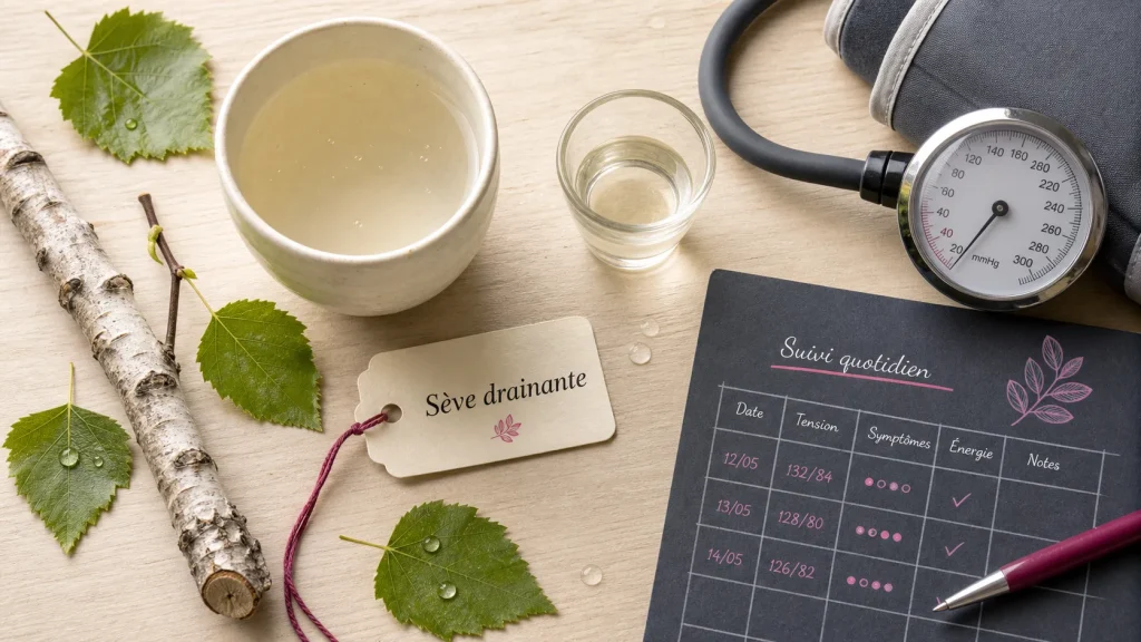 Sève de bouleau et hypertension : tasse, feuilles de bouleau, tensiomètre
