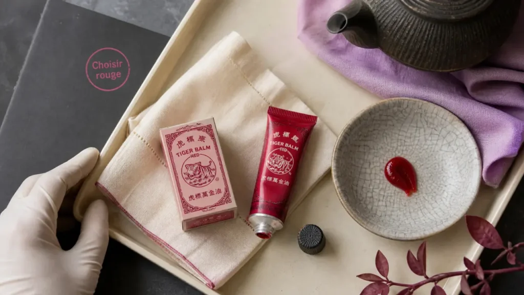 Baume du tigre rouge et rhume : chaleur utile, mais le blanc reste souvent mieux adapté au nez bouché