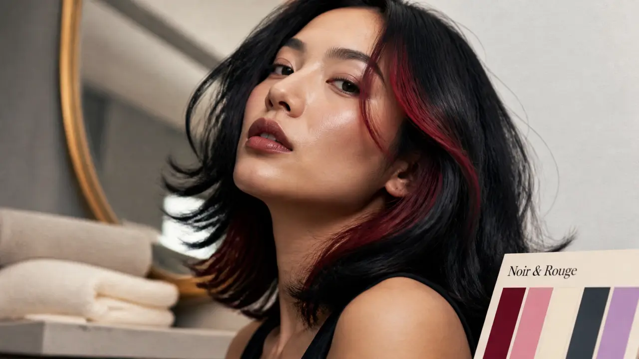 Cheveux noir rouge : mèches bordeaux et rouge
