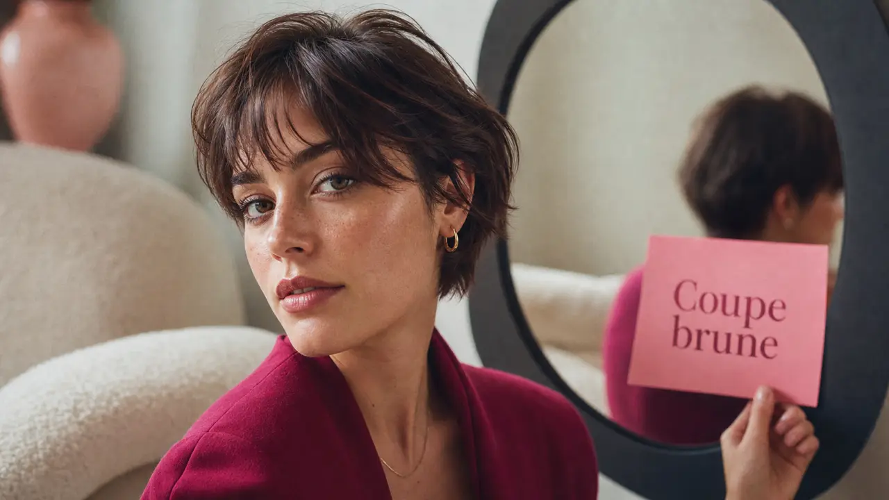Coupe courte brune : pixie, carré court et frange