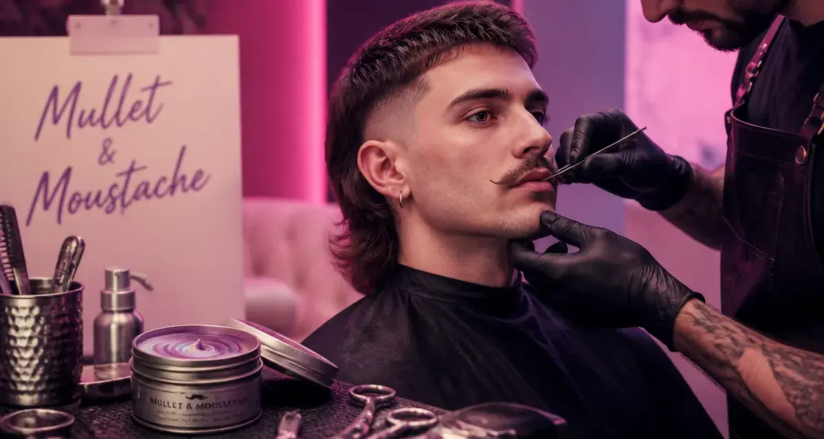 Coupe mulet moustache : coiffeur ajuste moustache sur un mullet fade